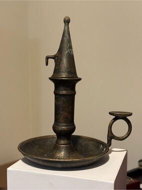 Vintage Made in Italy Brass Chamberstick Candle Holder w/ Snuffer – Aged Patina